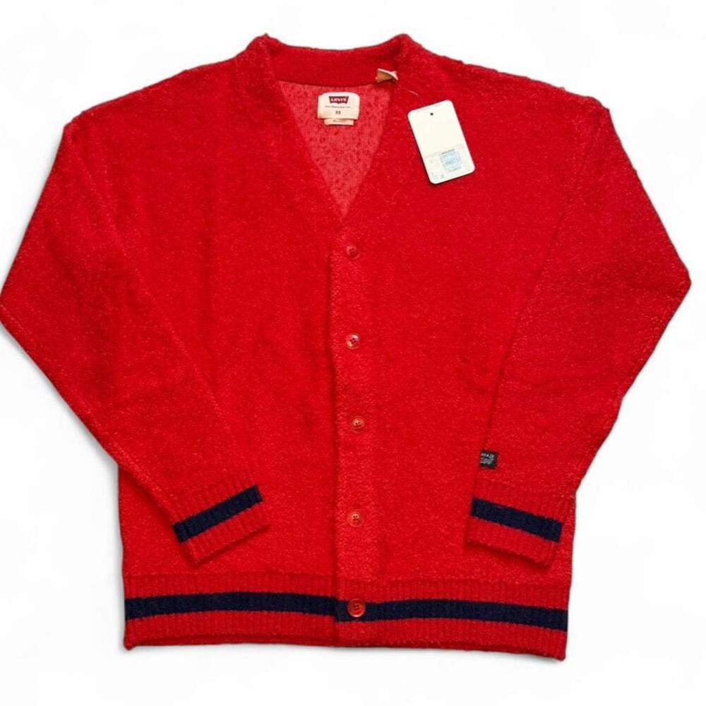 Levi's red cardigan with navy blue stripes on cuffs and hem, size XS brand new w